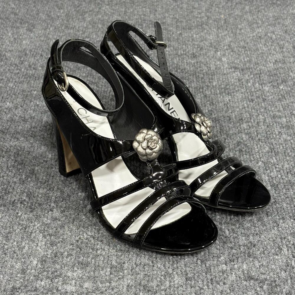 Chanel Sandals Womens 6 36 Black Patent Camellia Flower Logo Italy Heel Strappy
